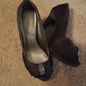 Black satin peep toe high heel shoes